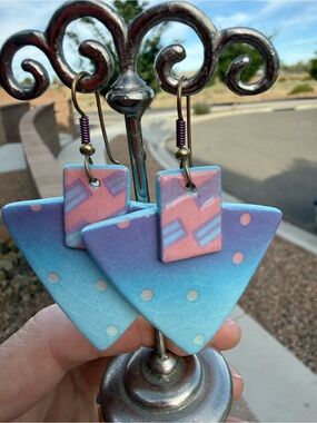 VTGE Large 80s Geometric Ceramic Dangle Earrings Pastel Crackle Glaze